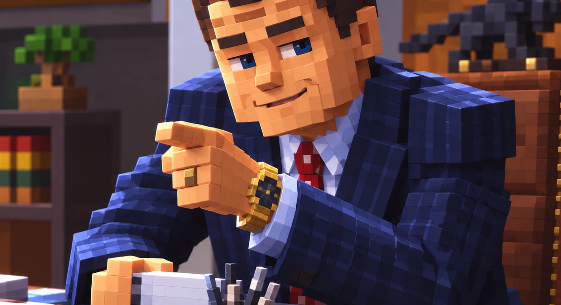 Voxel businessman in a dark office pointing confidently toward the viewer