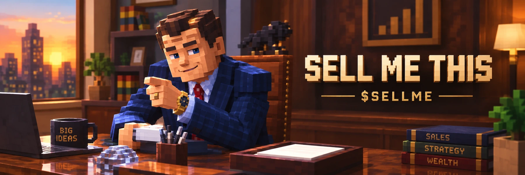 Wide voxel banner reading Sell Me This and $SELLME