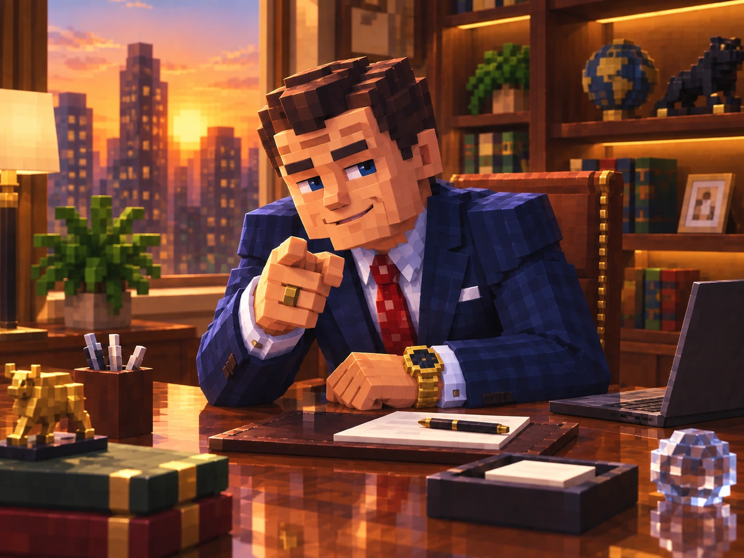 Voxel businessman leaning back in a luxury office at sunset