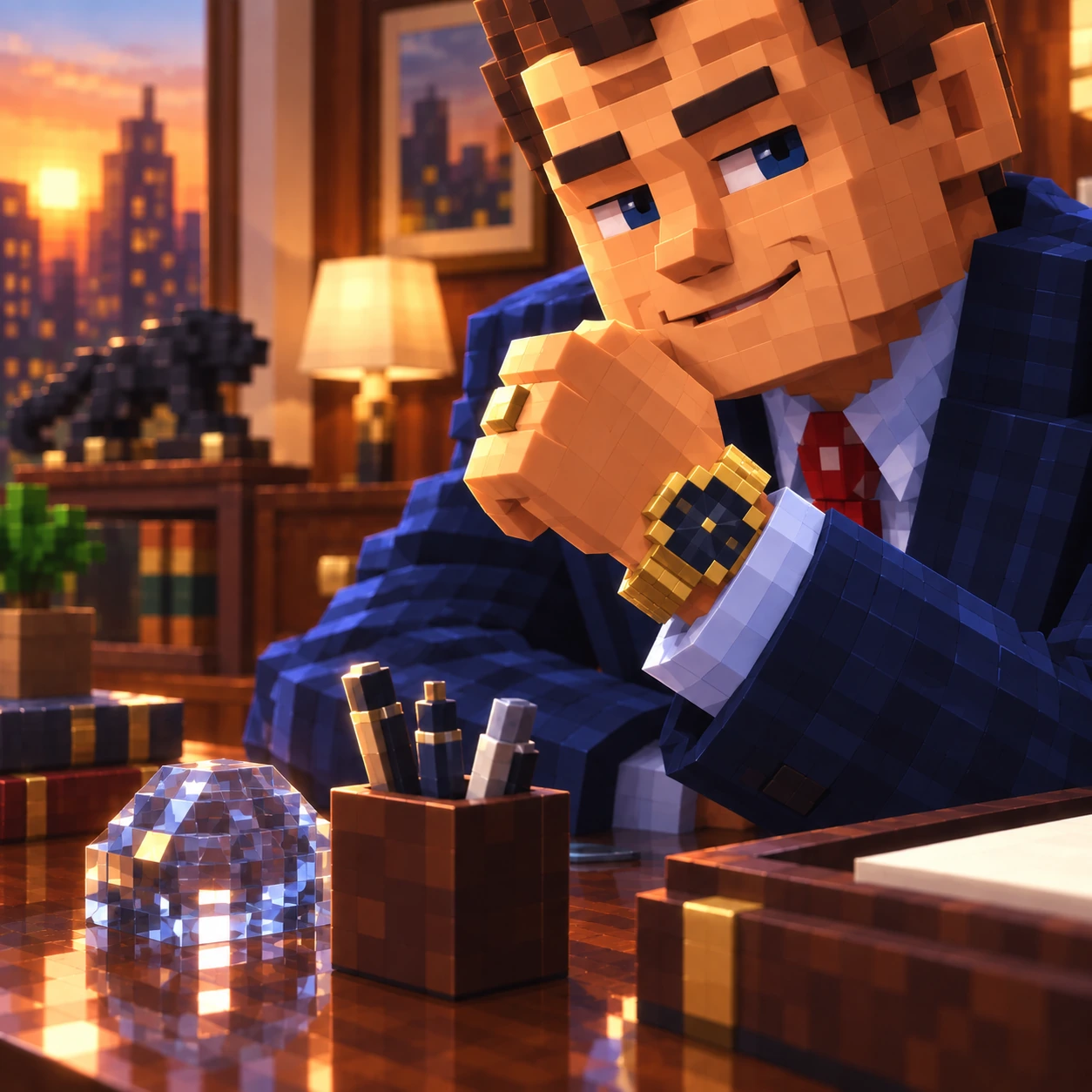 Close-up voxel portrait with gold watch and desk details