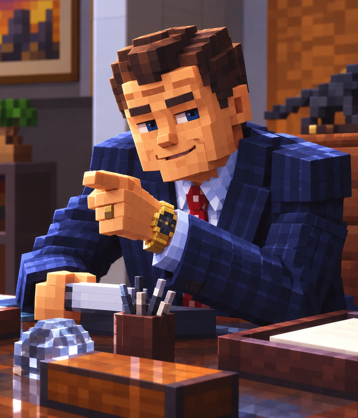 Portrait crop of the voxel office character