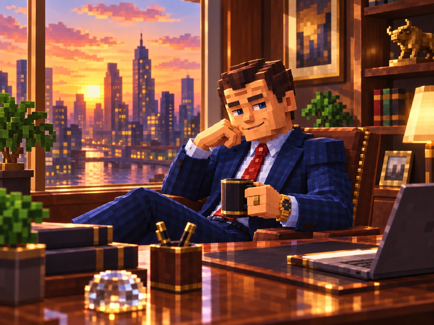 Voxel businessman with coffee in an executive office