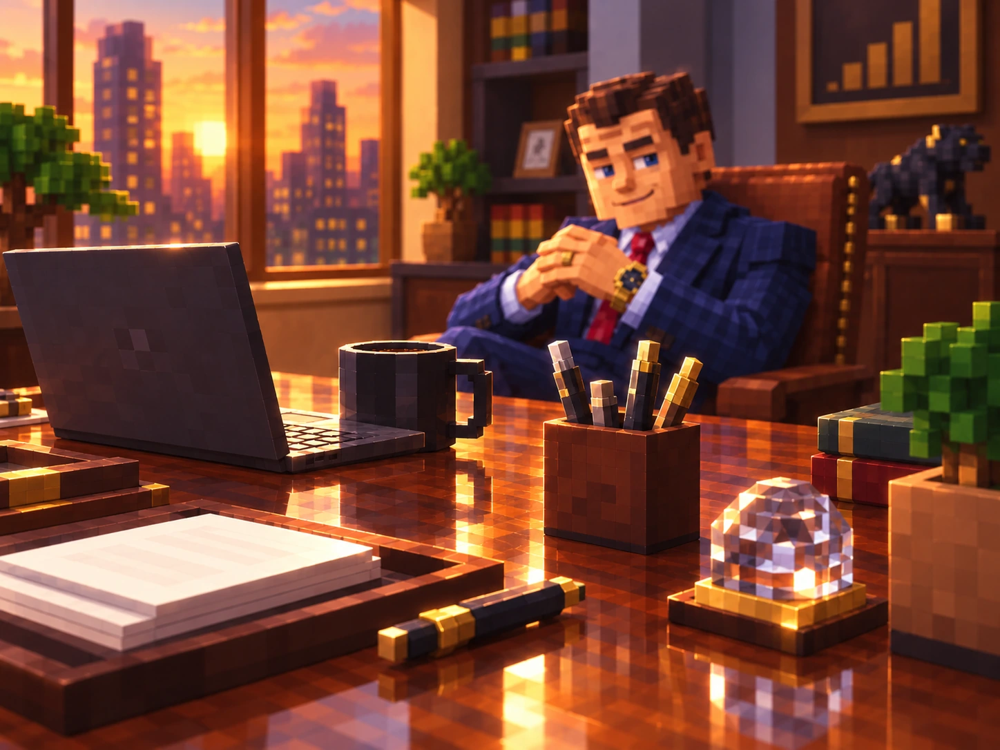 Desk view with laptop, coffee mug and sunset office backdrop