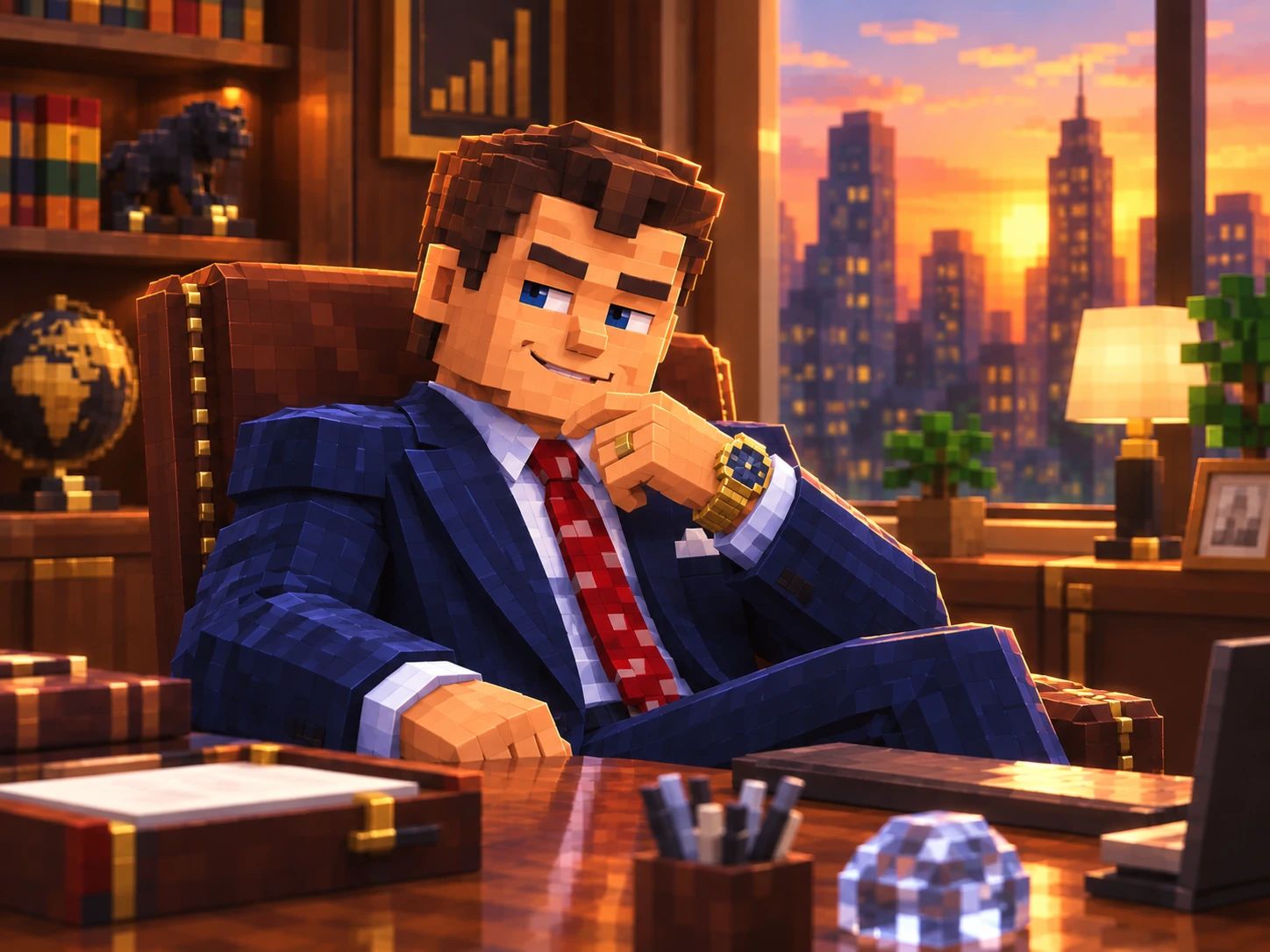 Confident voxel CEO seated in his office with city sunset behind him